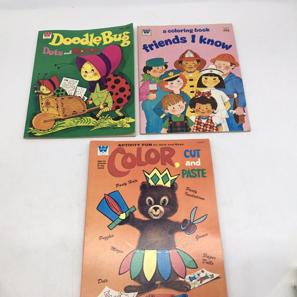Lot of 3 Vtg 1970s Whitman Coloring Activity Books Doodle Bug Friends I Know Cut